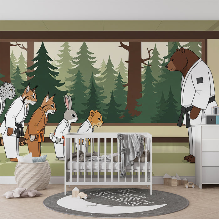 Papier peint chambre enfant | Animaux en karaté dans un dojo paisible