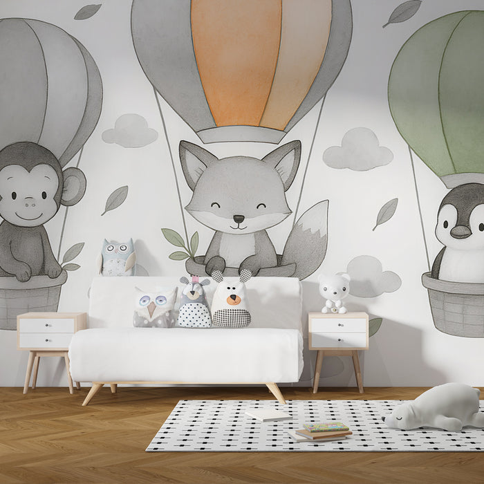 Kids room wallpaper | Animals in hot air balloons in the clouds