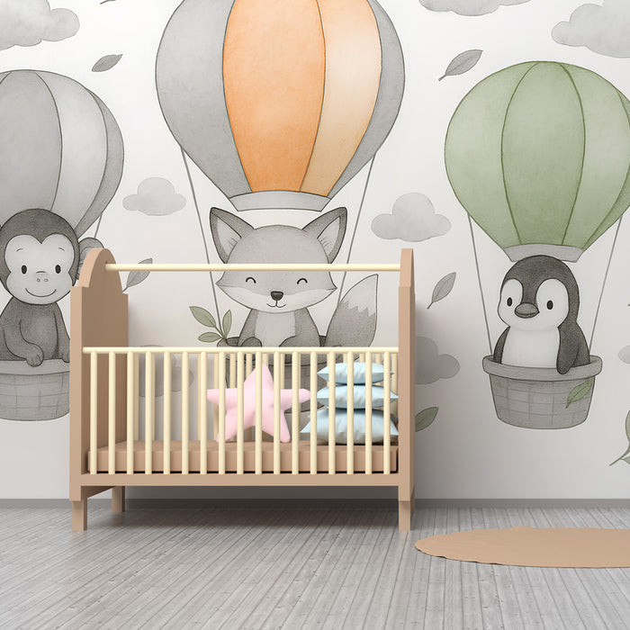 Kids room wallpaper | Animals in hot air balloons in the clouds