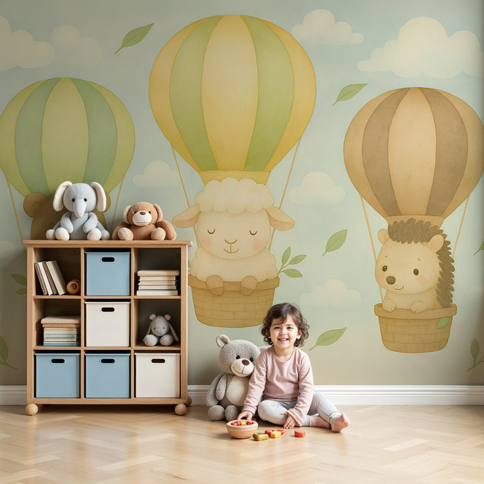 Papel pintado infantil | Animales en globo aerostático en un cielo suave