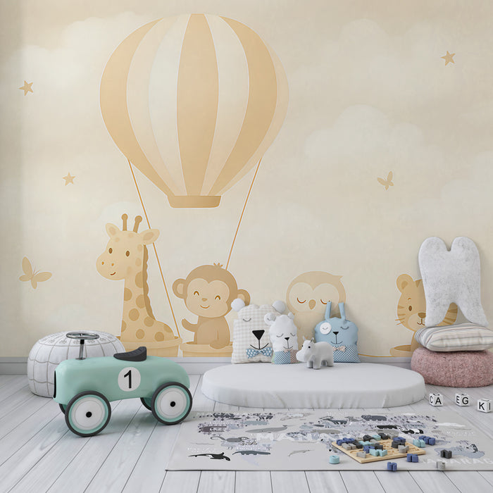 Kids room wallpaper | Animals in hot air balloon and train