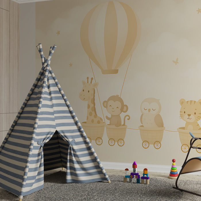 Kids room wallpaper | Animals in hot air balloon and train