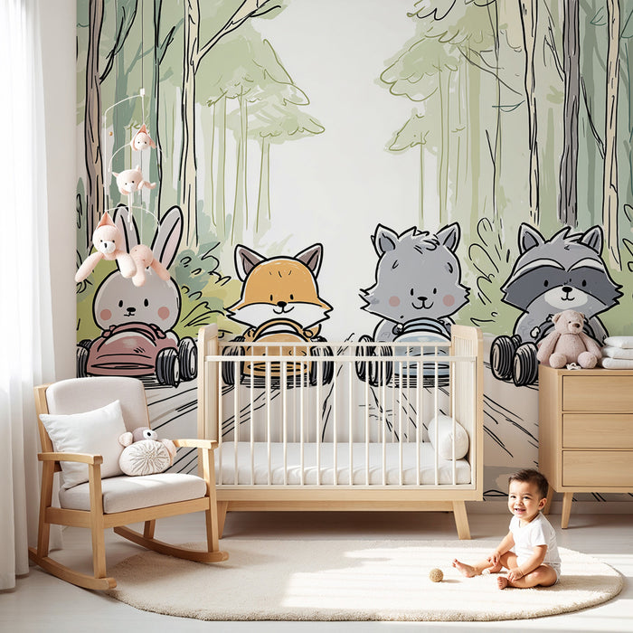 Kids room wallpaper | Animals racing through the forest