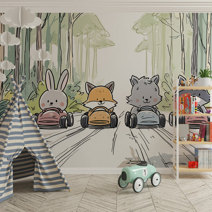 Kids room wallpaper | Animals racing through the forest
