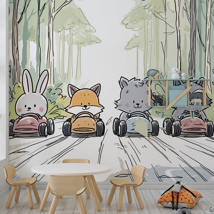 Kids room wallpaper | Animals racing through the forest