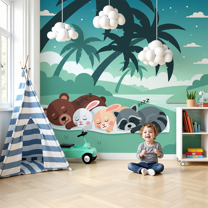Dětské tapety | Zvířátka spící u vody pod palmami