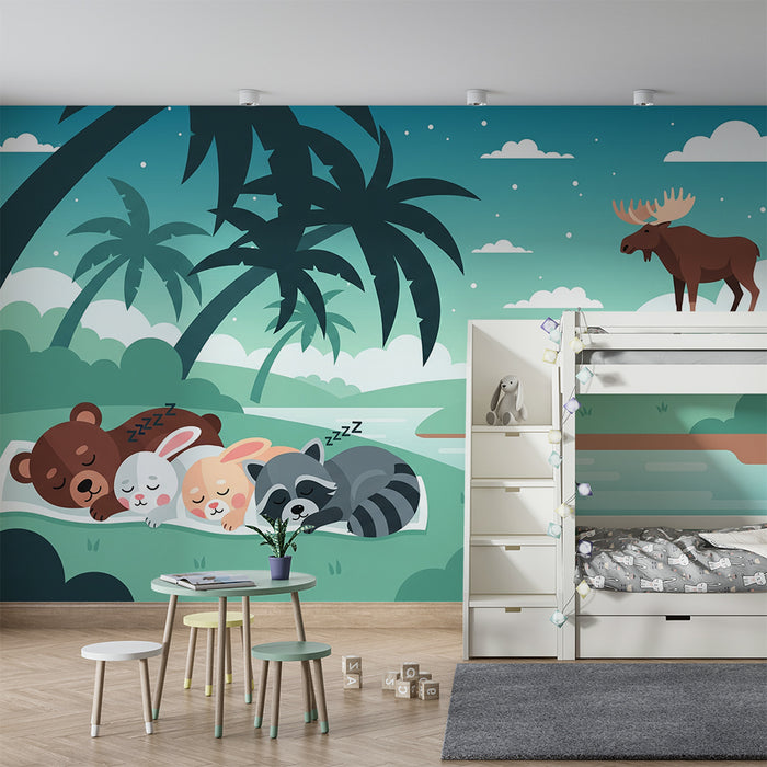 Dětské tapety | Zvířátka spící u vody pod palmami