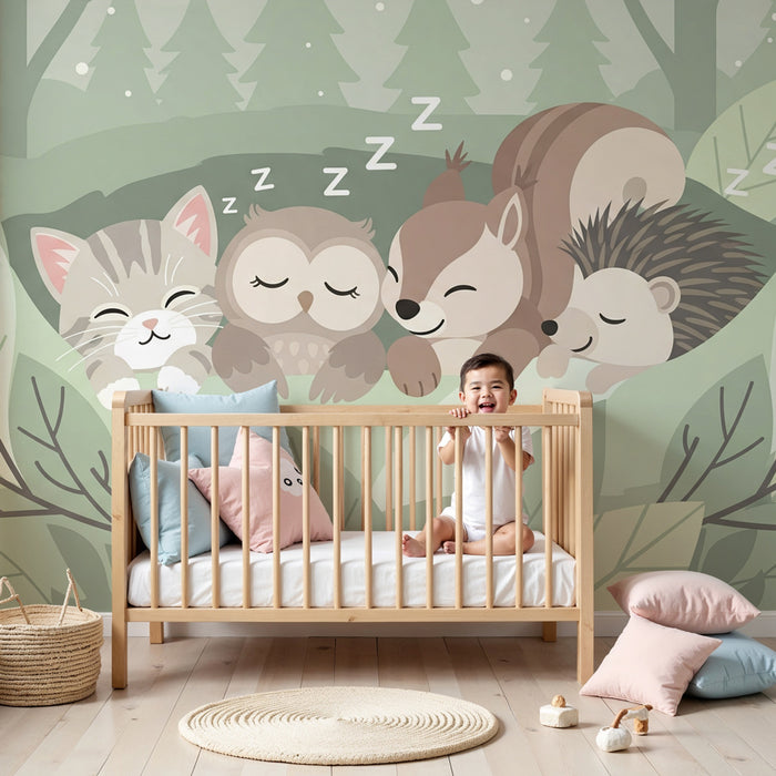 Kids room wallpaper | Sleeping animals in the forest