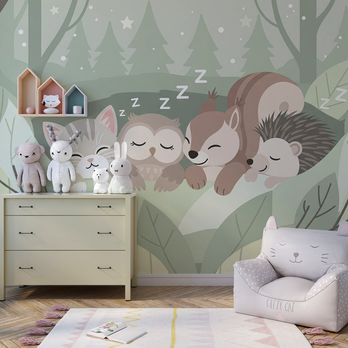 Kids room wallpaper | Sleeping animals in the forest