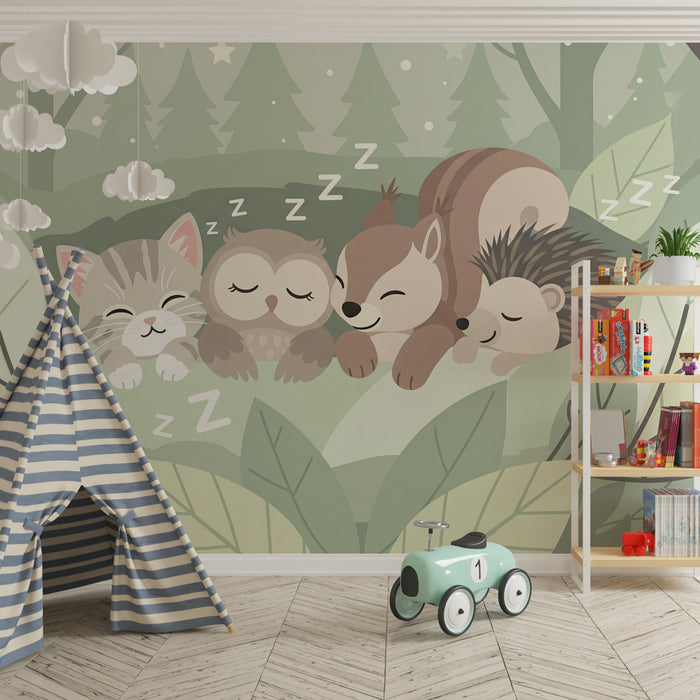 Kids room wallpaper | Sleeping animals in the forest