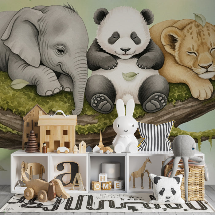 Carta da parati bambini | Animali addormentati su un ramo