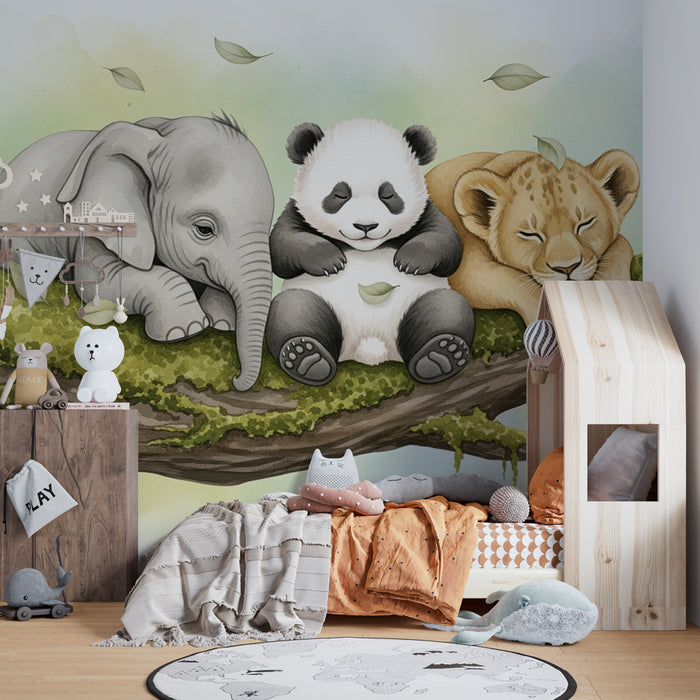 Carta da parati bambini | Animali addormentati su un ramo