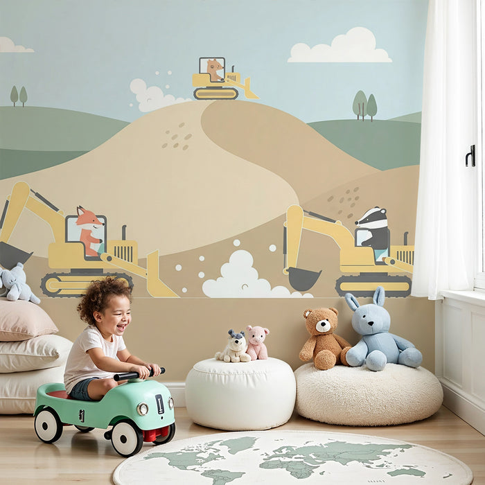 Χαρτί τοίχου παιδικού δωματίου | Ζώα και μηχανήματα έργων κατασκευής