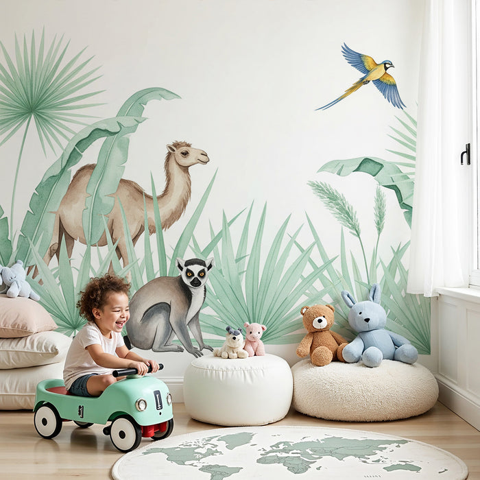Kinderzimmer Tapete | Exotische Tiere im tropischen Dschungel