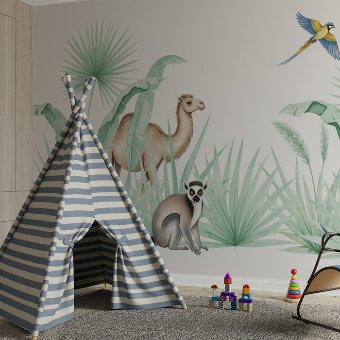 Kinderzimmer Tapete | Exotische Tiere im tropischen Dschungel