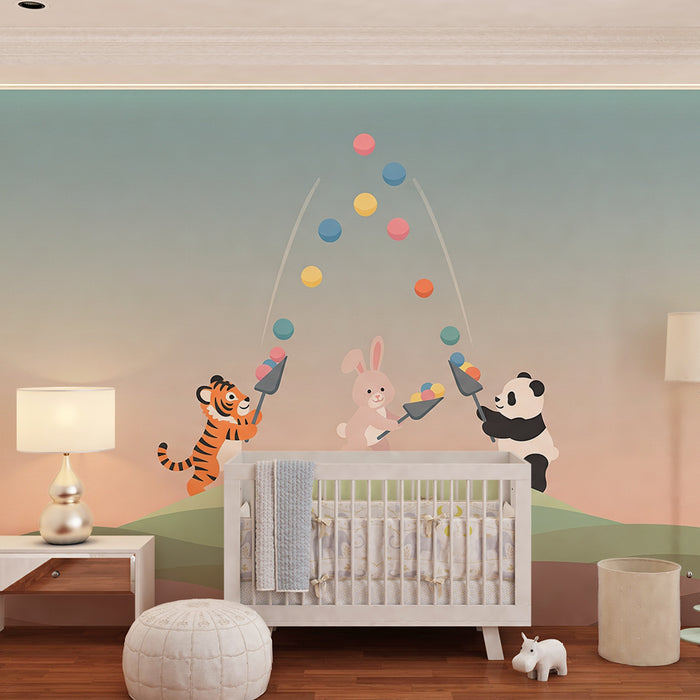 Papel de parede criança | Jogadores de animais com bolas coloridas em uma colina