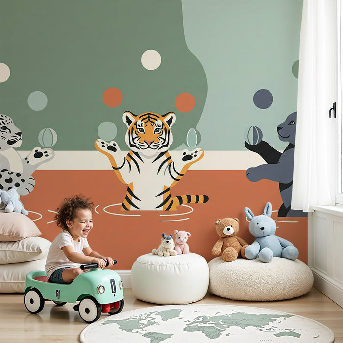 Gyerekszoba tapéta | Játékos állatok vízben színes lufikkal