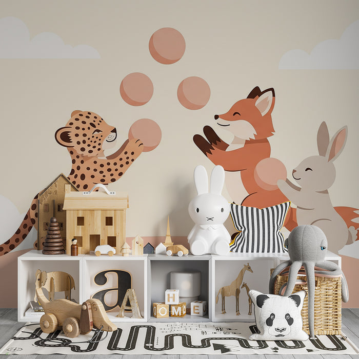 Tapeta dětského pokoje | Hrající zvířata v jemné krajinné motivaci
