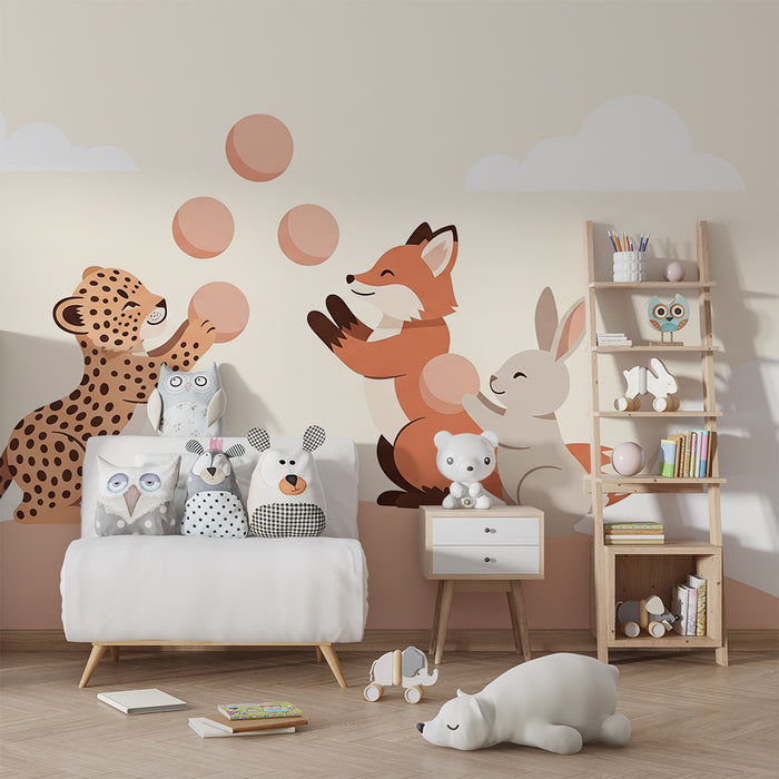 Tapeta dětského pokoje | Hrající zvířata v jemné krajinné motivaci