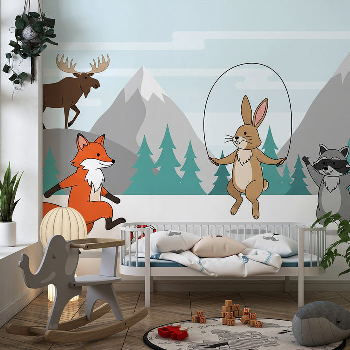 Barnrumspapper | Lekfulla djur i ett vinterlandskap