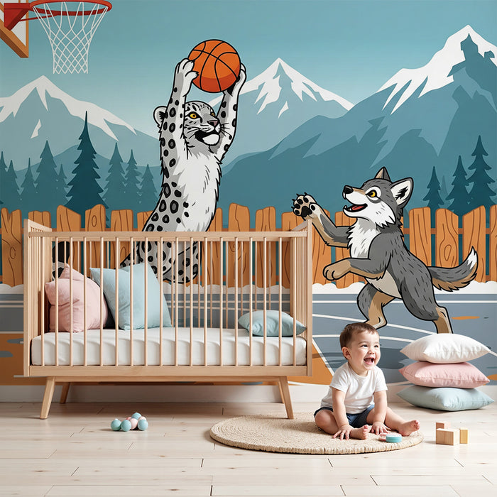 Carta da parati per cameretta | Animali che giocano a basket su sfondo montano