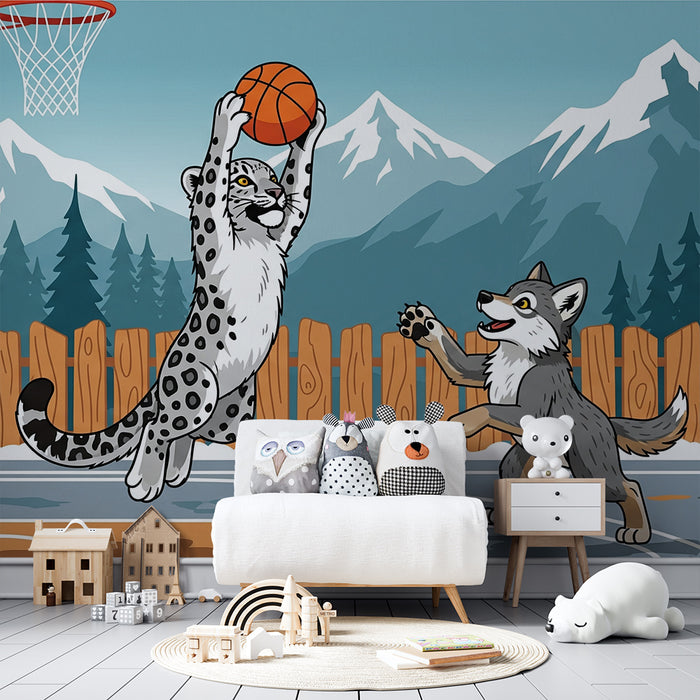 Carta da parati per cameretta | Animali che giocano a basket su sfondo montano