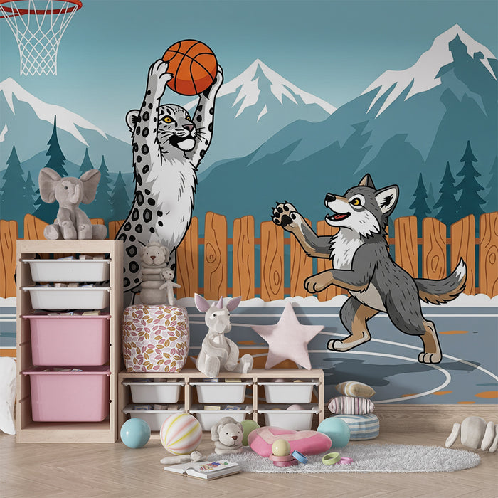 Carta da parati per cameretta | Animali che giocano a basket su sfondo montano