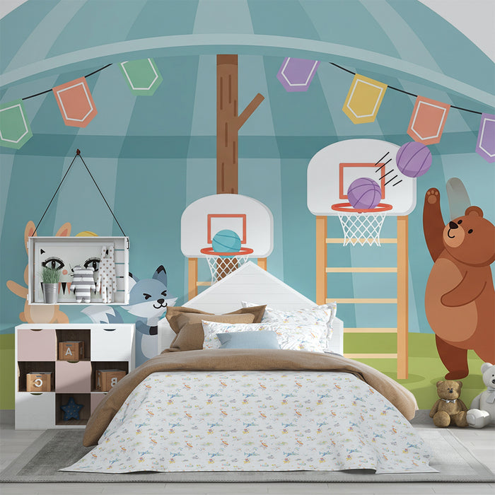 Carta da parati per cameretta | Animali che giocano a basket in un ambiente divertente