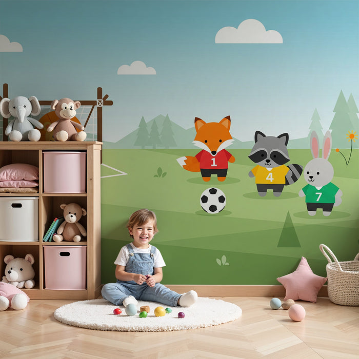 Papel de parede para quarto de criança | Animais a jogar futebol num relvado verde