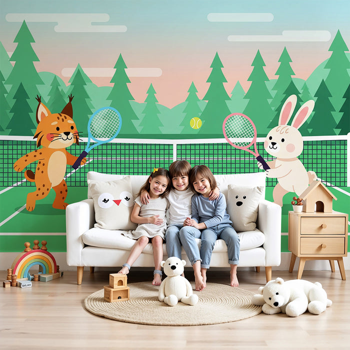 Kids' room wallpaper | Tennis-playing animals in a forest scene