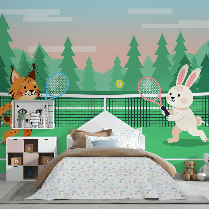 Kids' room wallpaper | Tennis-playing animals in a forest scene