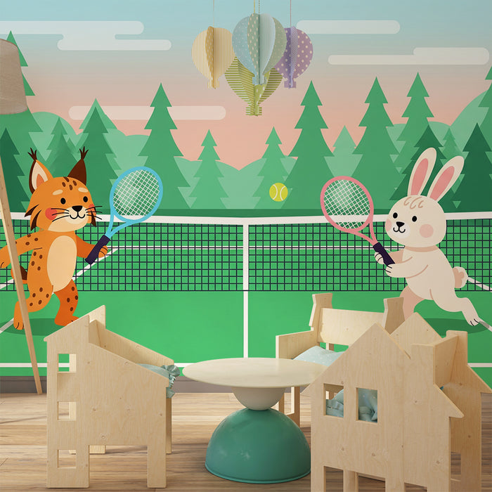 Kids' room wallpaper | Tennis-playing animals in a forest scene