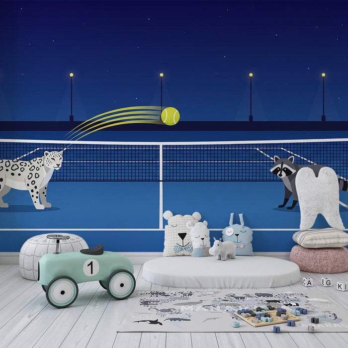 Tapet pentru camera copilului | Animale jucând tenis sub un cer înstelat