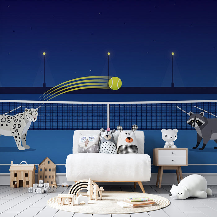 Tapet pentru camera copilului | Animale jucând tenis sub un cer înstelat