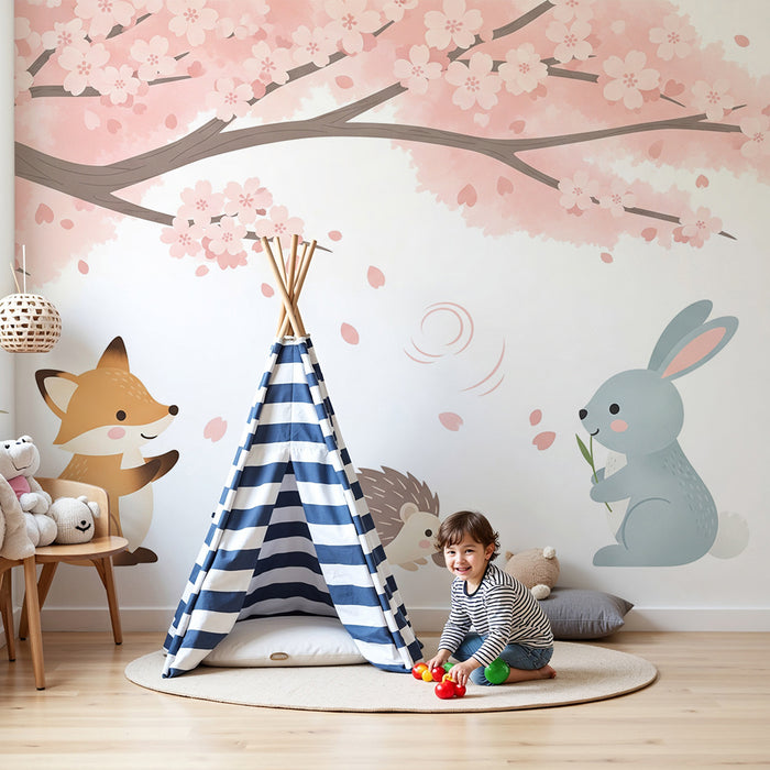 Barntapet | Spelande djur under ett blommande körsbärsträd