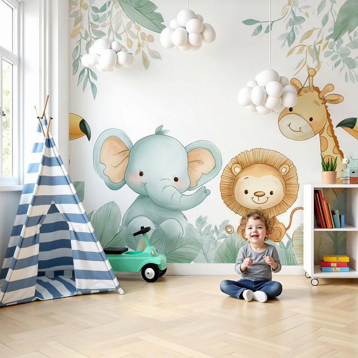 Papel pintado infantil | Animales felices en la selva