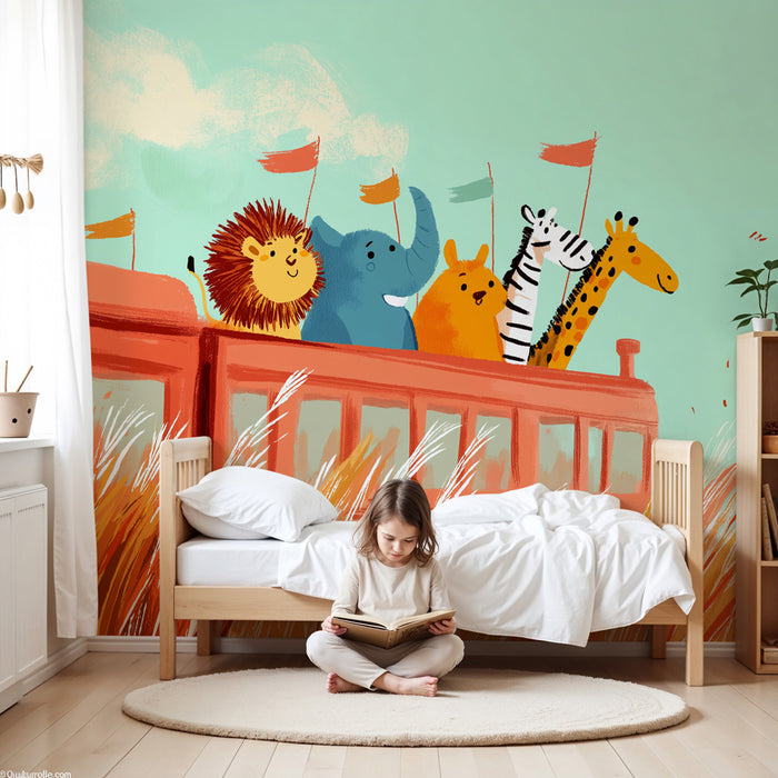 Papier peint chambre enfant | Animaux joyeux en voyage