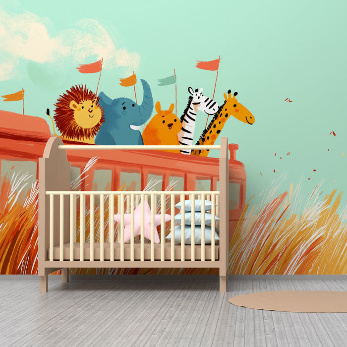 Papier peint chambre enfant | Animaux joyeux en voyage