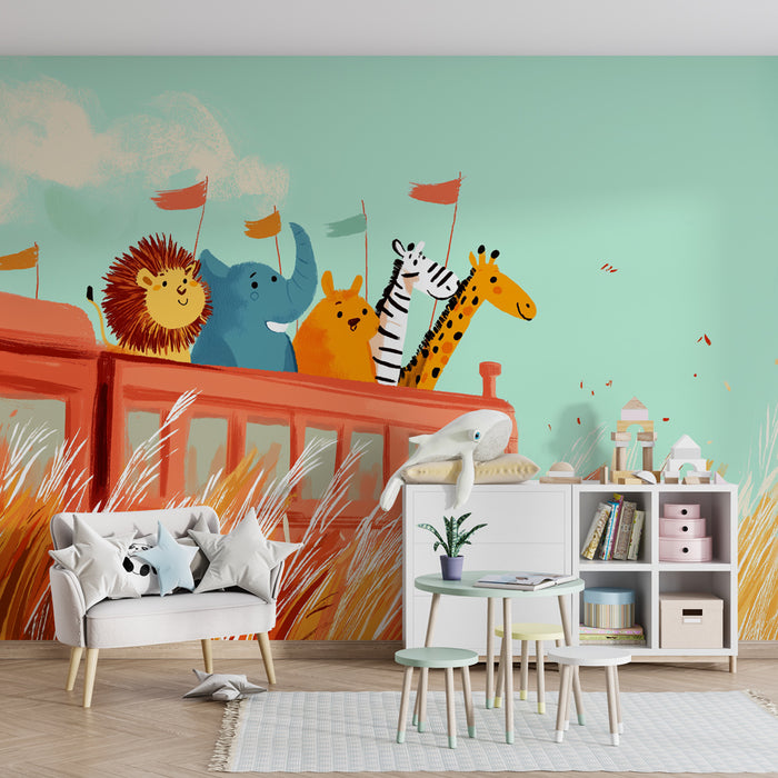 Papier peint chambre enfant | Animaux joyeux en voyage