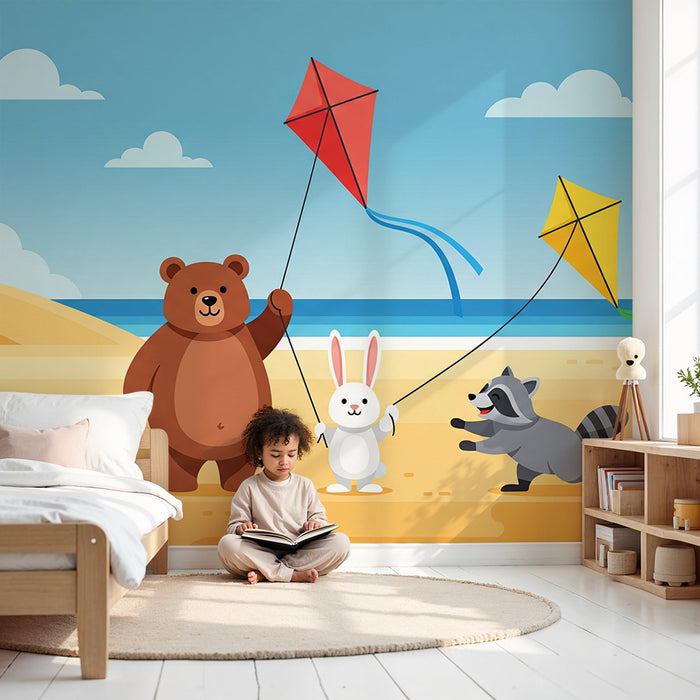 Carta da parati per cameretta | Animaletti felici che giocano con gli aquiloni in spiaggia
