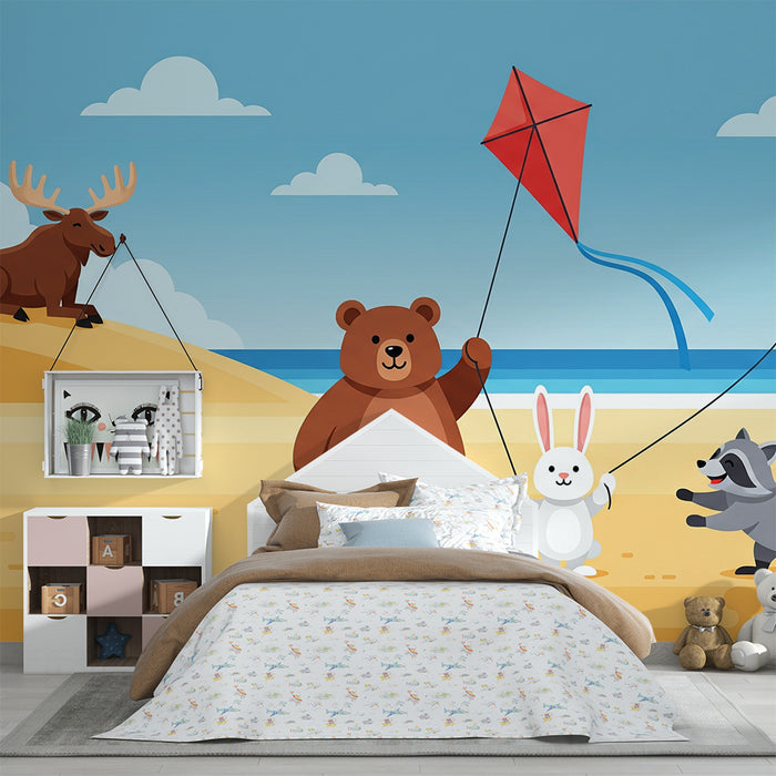 Carta da parati per cameretta | Animaletti felici che giocano con gli aquiloni in spiaggia