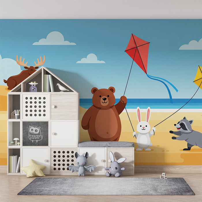 Carta da parati per cameretta | Animaletti felici che giocano con gli aquiloni in spiaggia
