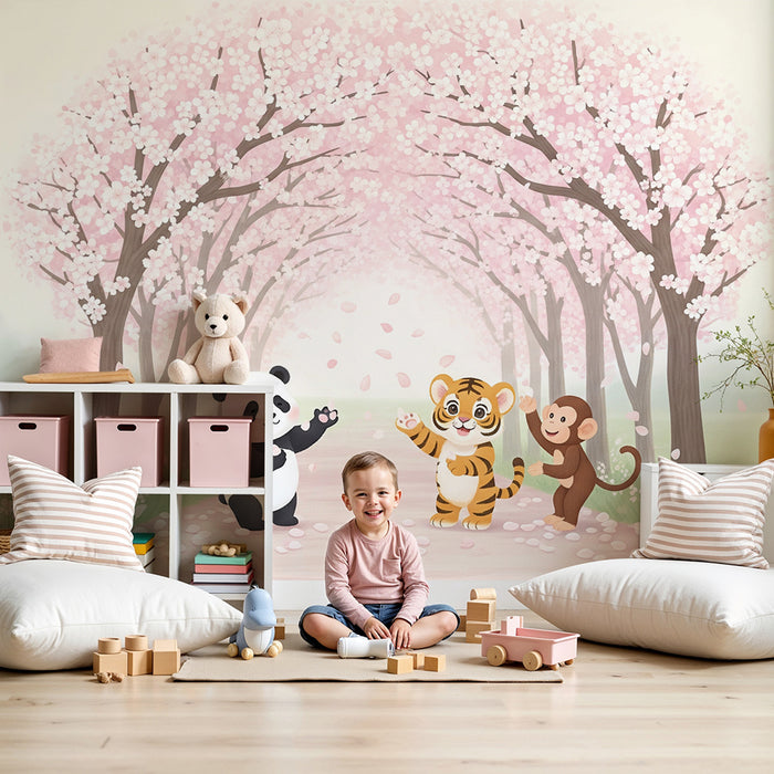 Papier peint chambre enfant | Animaux joyeux sous les cerisiers en fleurs