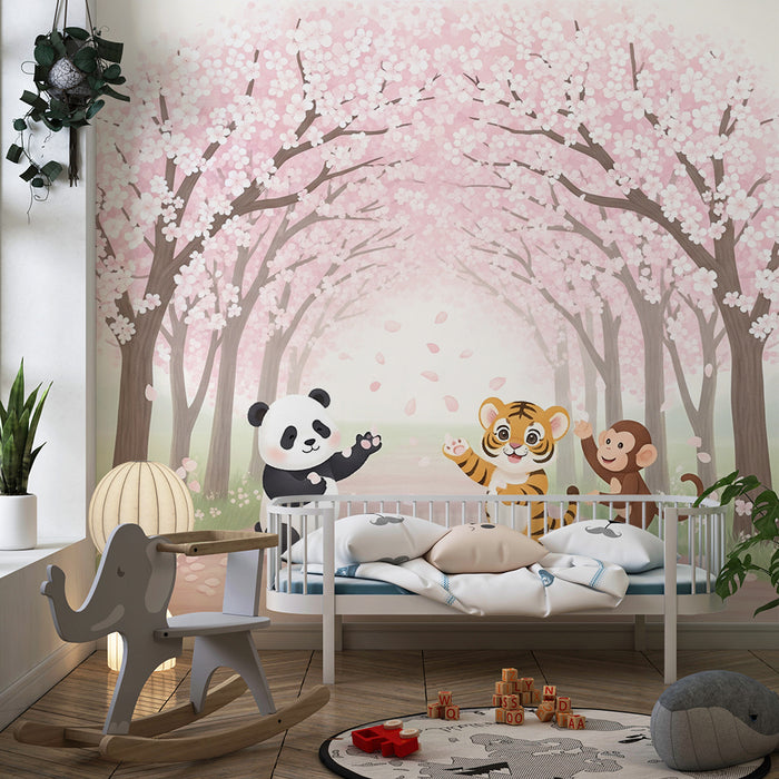 Papier peint chambre enfant | Animaux joyeux sous les cerisiers en fleurs