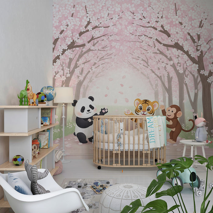 Papier peint chambre enfant | Animaux joyeux sous les cerisiers en fleurs