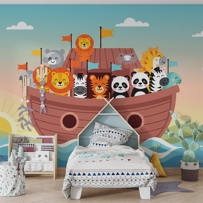 Detská izba tapeta | Veselé zvieratá na farebnej lodi