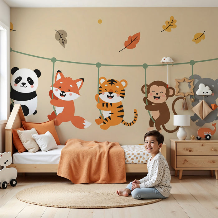 Kids room wallpaper | Veselá zvířata na houpačce