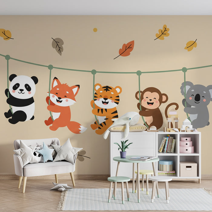 Kids room wallpaper | Veselá zvířata na houpačce