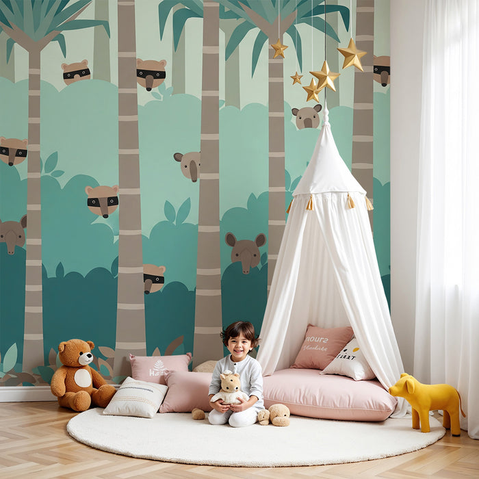 Papel pintado infantil | Animales traviesos en la selva tropical