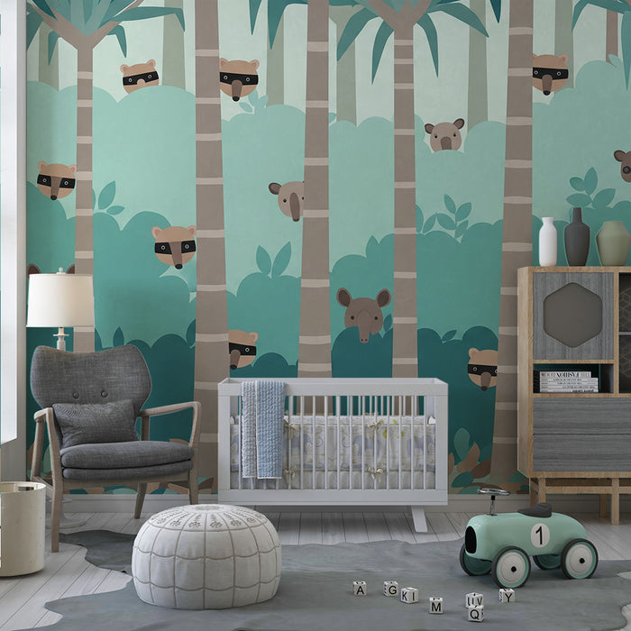Papel pintado infantil | Animales traviesos en la selva tropical